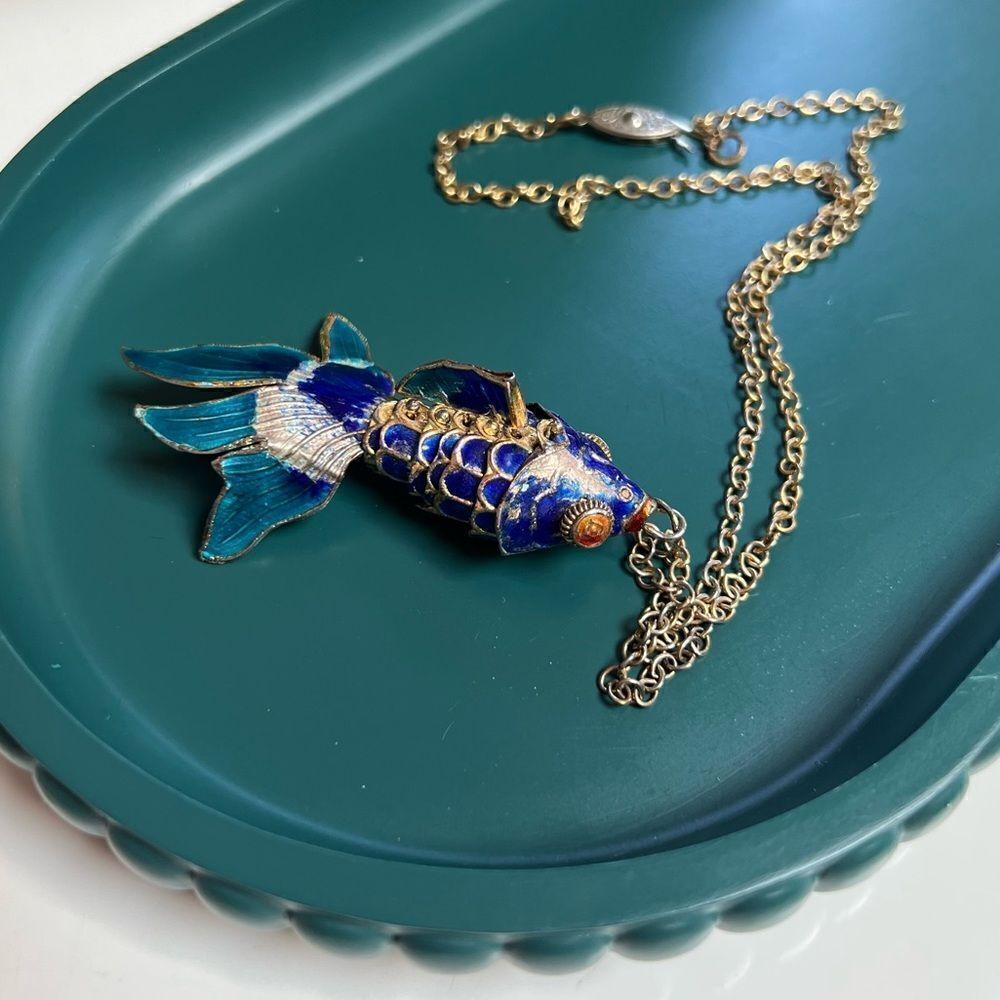 Rare Vintage 1930s Blue Enamel Articulated Koi Fish Movable Pendant Necklace